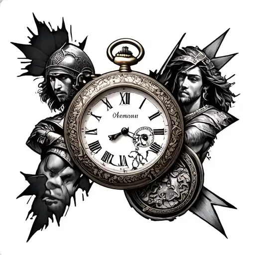 A highly detailed black and grey tattoo design for a knee placement, combining a broken pocket watch and a Roman warrior tattoo design idea