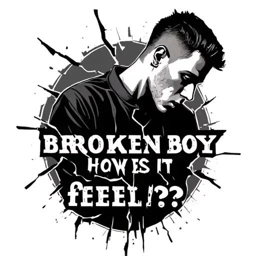 a broken man with text saying "broken boy how does it feel?" tattoo design idea