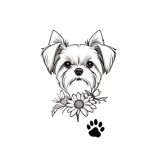 yorkie dog face with droopy ears with a paw print and aster flowers tattoo design idea