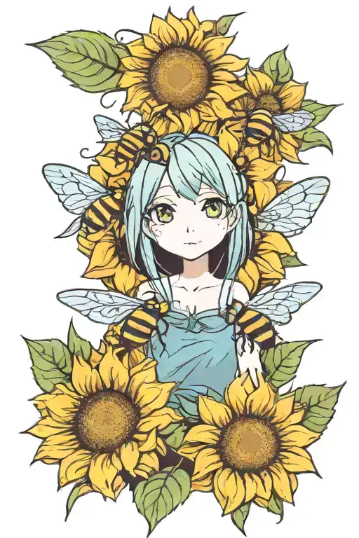 front facing sunflower with 2 small bees on the petals tattoo design idea
