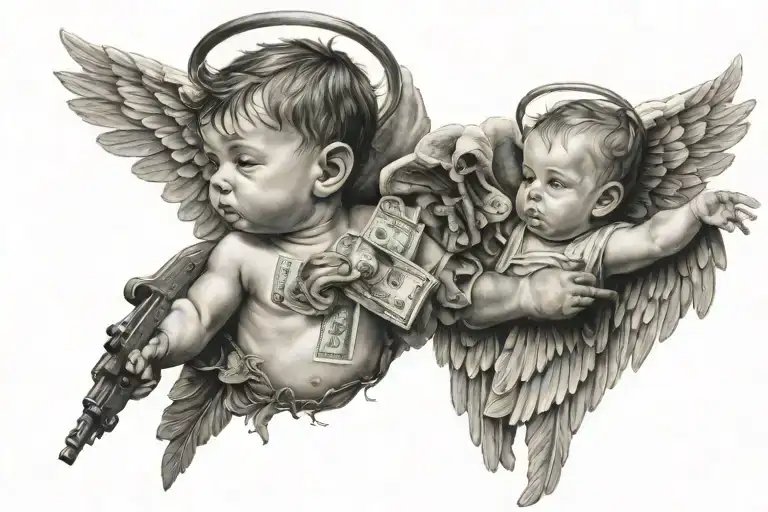 Baby angel wings holding a croos,money and guns surrounding him tattoo design idea