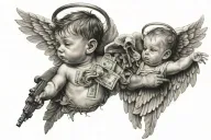 Baby angel wings holding a croos,money and guns surrounding him tattoo design idea