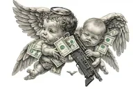 Baby angel wings holding a croos,money and guns surrounding him tattoo design idea