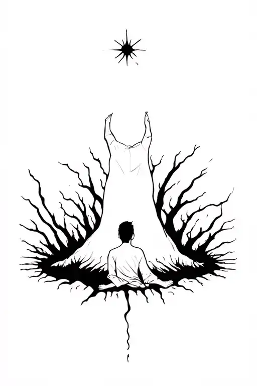a person out of a dark, thorny pit, surrounded by shadows representing depression and anxiety then success at the end tattoo design idea