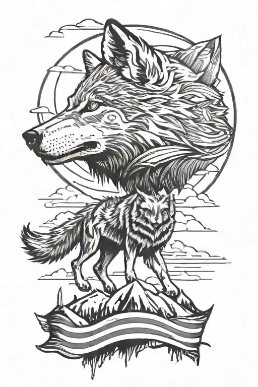 wolf type 1 diabetes mountain American flag tattoo design idea