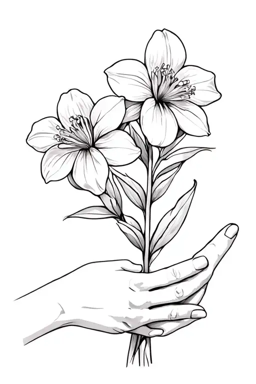 freesia flower with 3 blooms where the stem is holding hands and on the front hand there is unconditional love symbol tattoo design idea