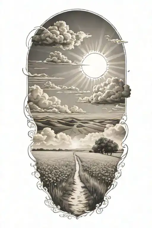 Field path around clouds at the end of the path a sun with 2 birthdays in it and 4 birthdays in the sunbeams tattoo design idea