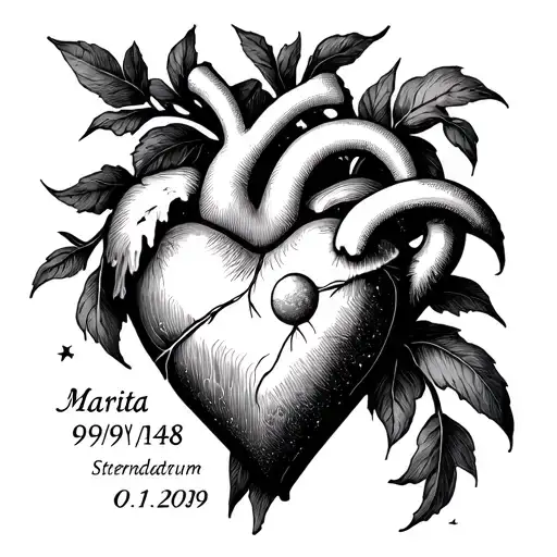 Heart named Marita and date of birth 09/09/1948 and the Sterndatum 05.01.2009 in 5x5 cm tattoo design idea