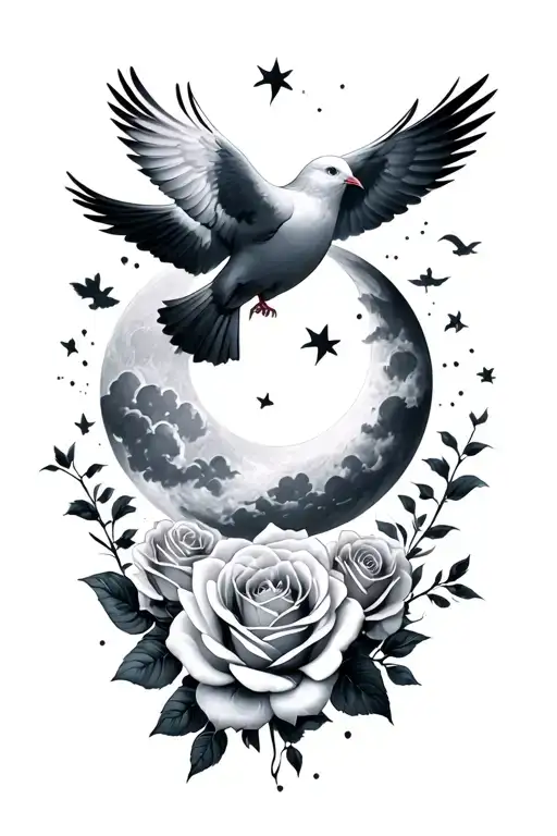 cloud background with doves, the moon, and roses tattoo design idea