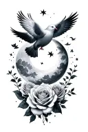 cloud background with doves, the moon, and roses tattoo design idea