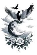 cloud background with doves, the moon, and roses tattoo design idea