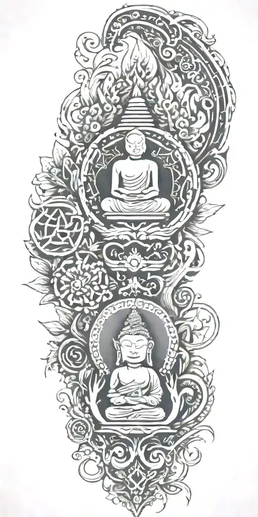 Blend Buddhist symbols, fine-line wood grain, anime elements, and subtle gaming symbols into a cohesive, flowing design tattoo design idea