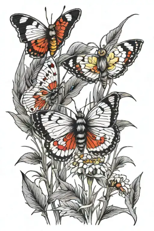 three coloful moths in front of black and white swamp grass tattoo design idea