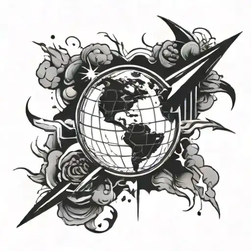 Create a black and white forearm tattoo stencil with a the earth and a striking lighting bolt shocking the world and mak tattoo design idea