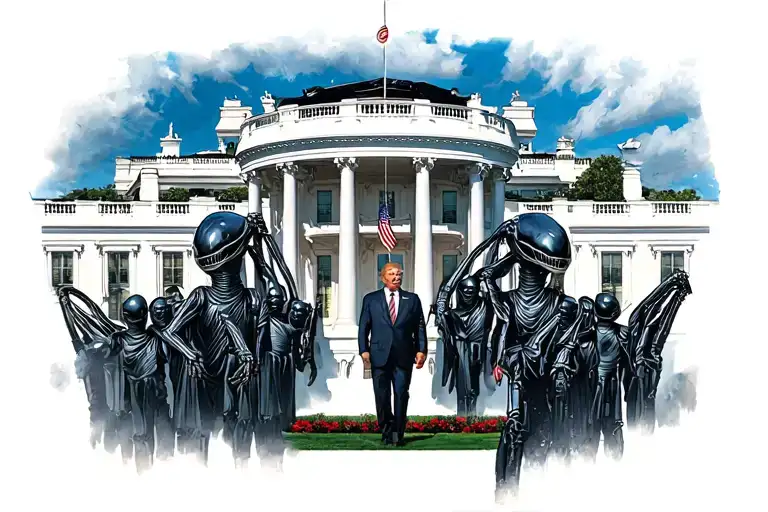 Aliens arriving in the white house speaking with the president tattoo design idea