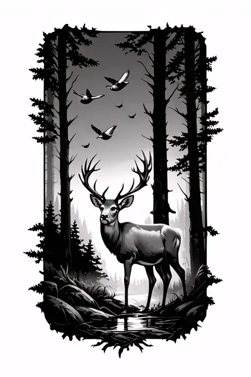 1 deer in the woods and 3 ducks flying up tattoo design idea