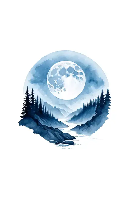 A full moon high above a forest and mountain range with a stream flowing tattoo design idea