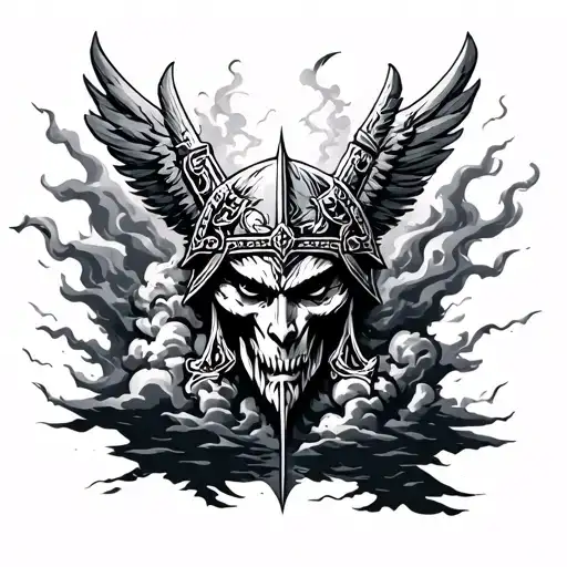 Valhalla symbol surrounded by storm clouds tattoo design idea