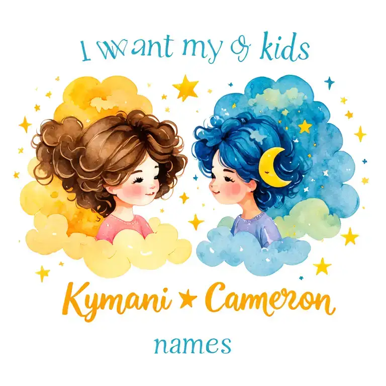 I want my kids names, Kymani and Cameron in a cute light and airy designs with clouds and moon and stars tattoo design idea