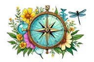 wildflower collage with round compass, an hour glass, a Christian cross and a dragonfly tattoo design idea
