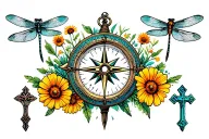 wildflower collage with round compass, an hour glass, a Christian cross and a dragonfly tattoo design idea
