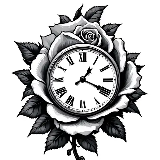clock and rose surrounded tattoo design idea