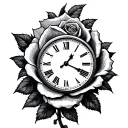 clock and rose surrounded tattoo design idea