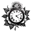 clock and rose surrounded tattoo design idea