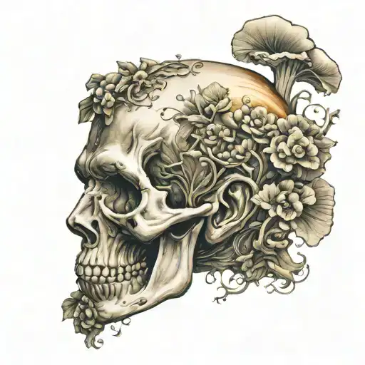 Michelangelo's David with mushrooms growing out of skull tattoo design idea
