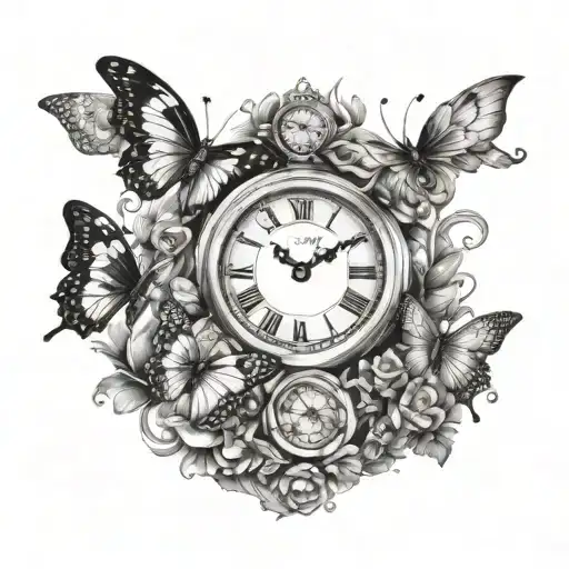 butterflies time clock face tattoo design idea