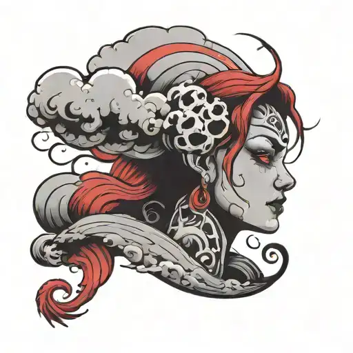 Red clouds cartoony like JInx in Arcane tattoo design idea