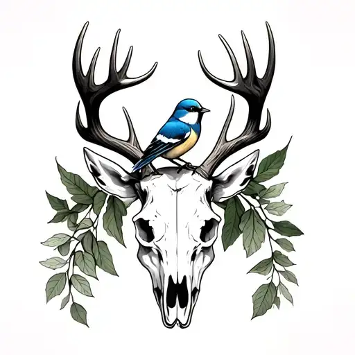 black and grey realistic red deer skull with antlers, that has a blue tit (bird) sitting on antlers, add green leaves tattoo design idea