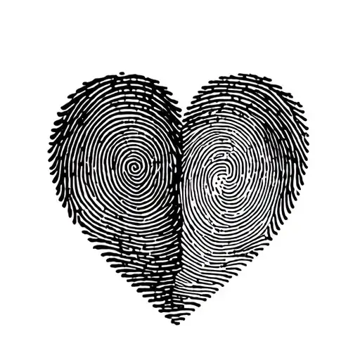 Create an image of a small, dainty tattoo that's lighter ink, black ink only, of 2separate fingerprints in a heart shape tattoo design idea