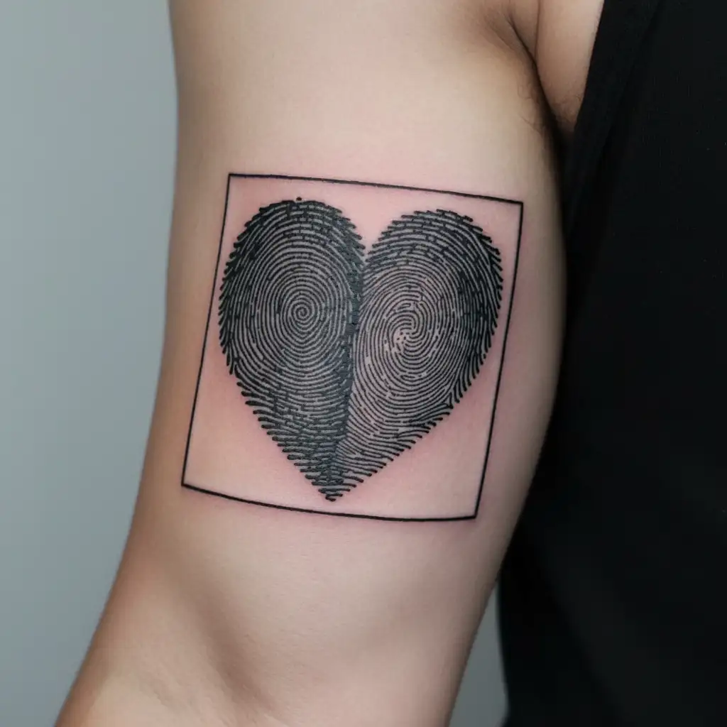 Create an image of a small, dainty tattoo that's lighter ink, black ink only, of 2separate fingerprints in a heart shape tattoo design idea