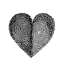 Create an image of a small, dainty tattoo that's lighter ink, black ink only, of 2separate fingerprints in a heart shape tattoo design idea