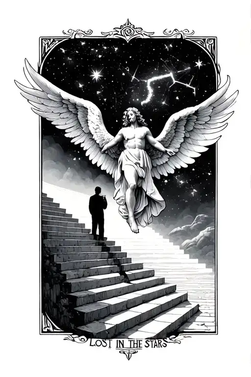 a falling angel, with stairs and the siloutte of a man looking at constellations, and the words lost in the stars tattoo design idea
