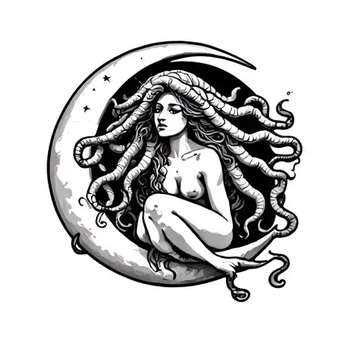 american traditional tattoo medusa sitting on a moon tattoo design idea