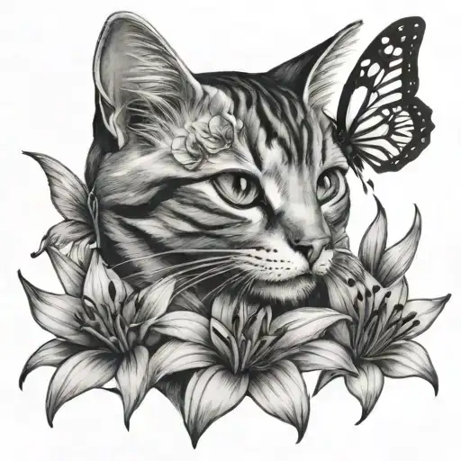 cat, butterfly, lily flower tattoo design idea