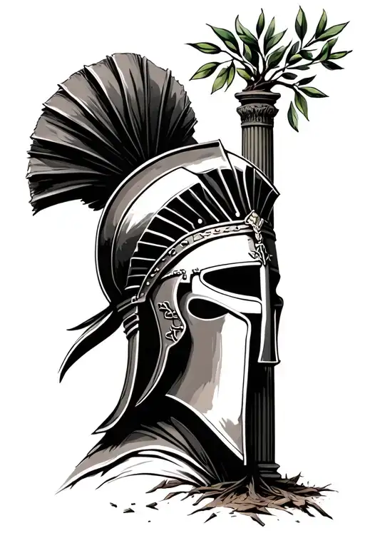 smaller roman or spartan helmet with  next to or draping over it arosary, broken pillars and olive tree in background tattoo design idea