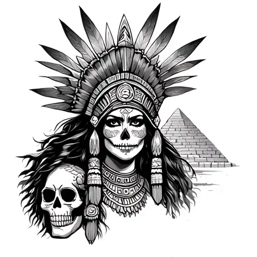 Aztec woman warrior with sugar skull and pyramid in background tattoo design idea