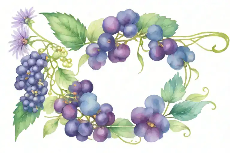 Grapes, gerbera flower, other flowers, wine leaves tattoo design idea