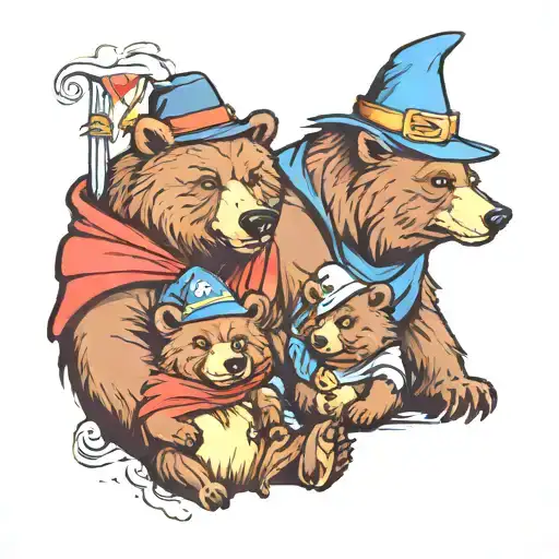 dad bear, son bear, baby daughter bear as wizards tattoo design idea