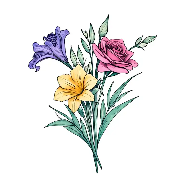 dainty fine line bouquet tattoo gladiolus, sweet pea, rose, daffodil with a little bit of color add purples pinks blues tattoo design idea