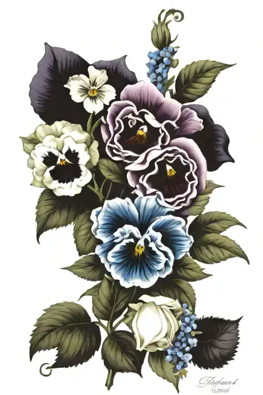 roses pansies cornflowers French jewelry tattoo design idea