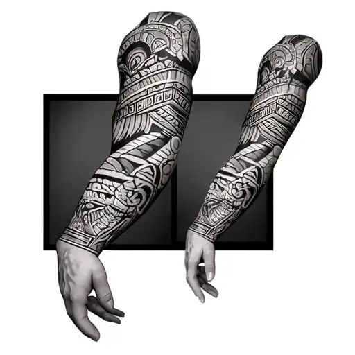 samoan arm sleeve with Aztec and biomech tattoo design idea