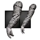 samoan arm sleeve with Aztec and biomech tattoo design idea