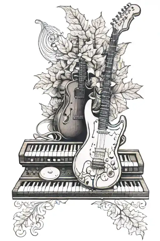 keyboard, guitar, drums, sheet music, maple leaf tattoo design idea