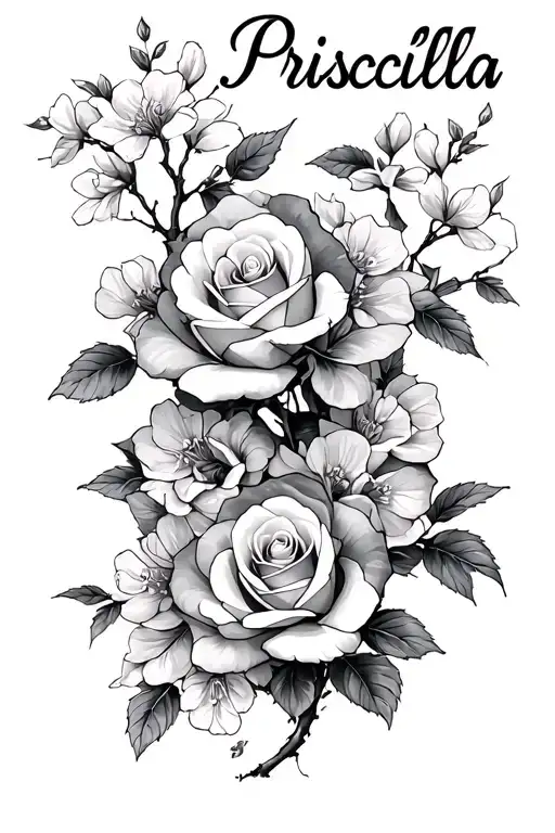 "Priscilla " cherry blossoms and roses wrapped tattoo design idea