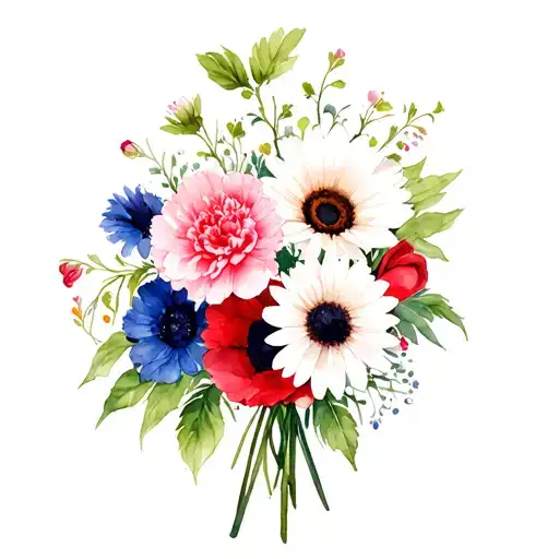 A small bouquet with an apple blossom, pink carnation, white daisy, red Poppy, blue cornflower, black dahlia, sunflower tattoo design idea
