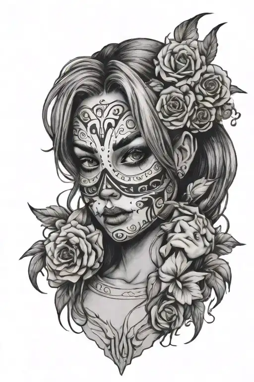 Sad girl with a happy mask holding tattoo design idea